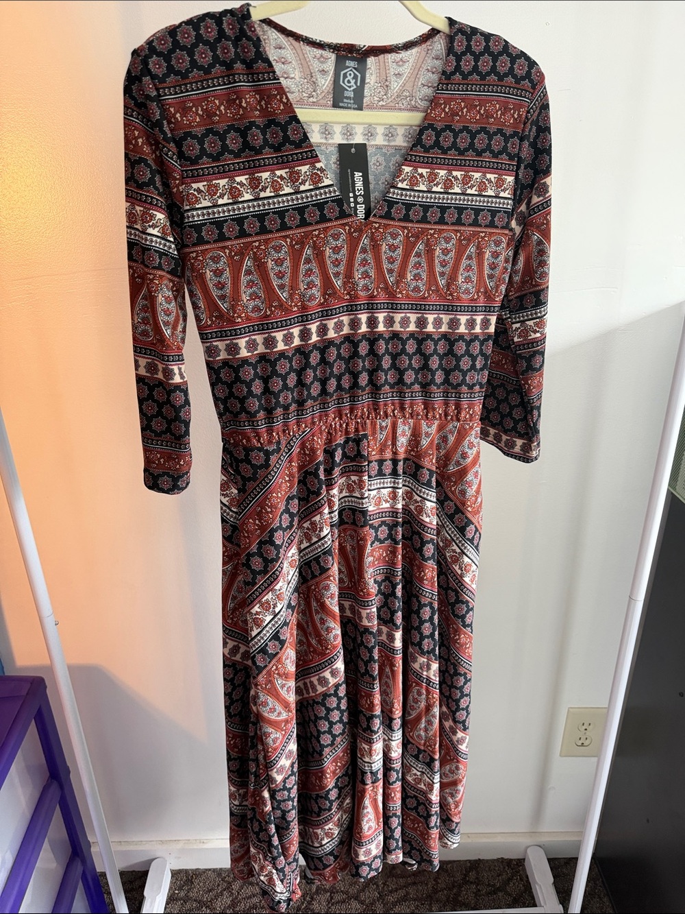 Agnes & Dora Rust and Black Paisley V-neck  Midi Dress